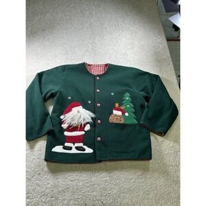 Hand‎ Made Christmas Green Women's Sweater Santa Reindeer Plush Applique Size L